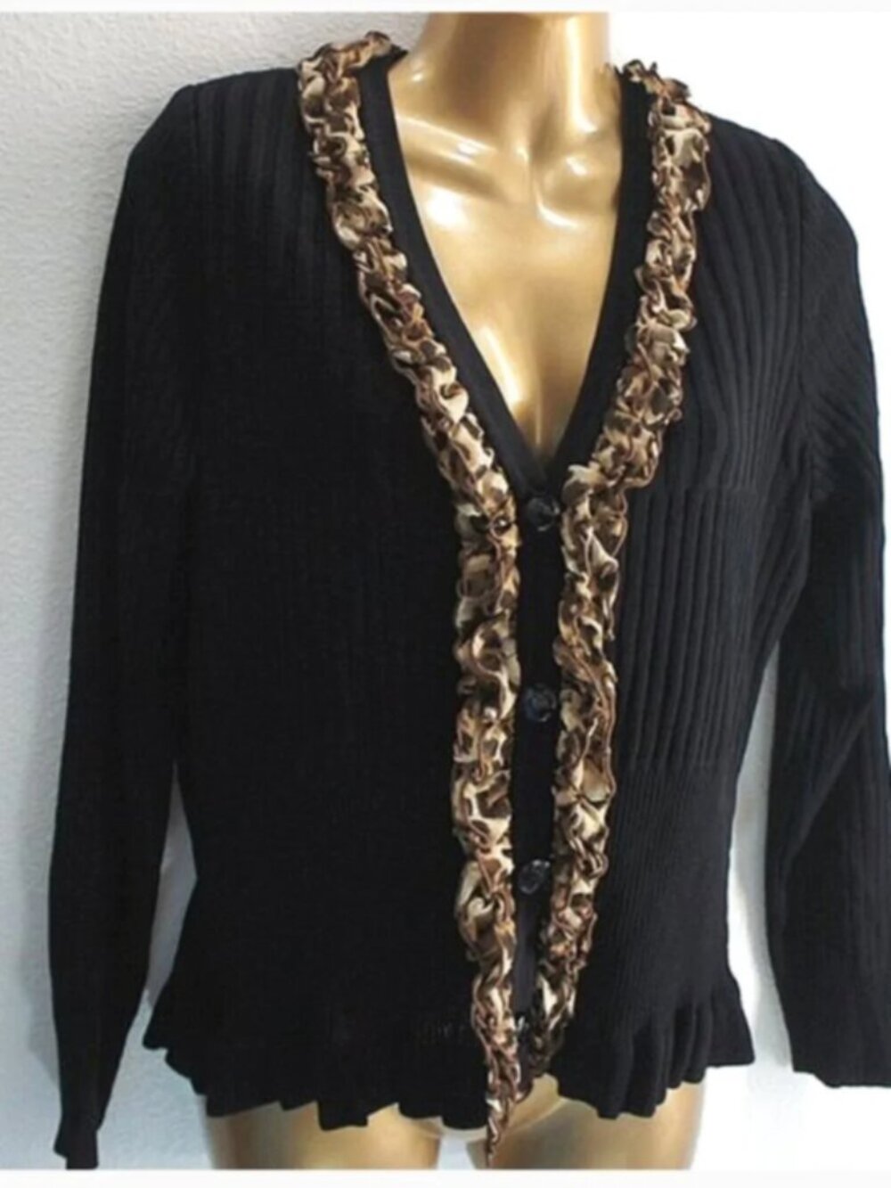 Misook Black Animal Trim Ribbed Cardigan size XS